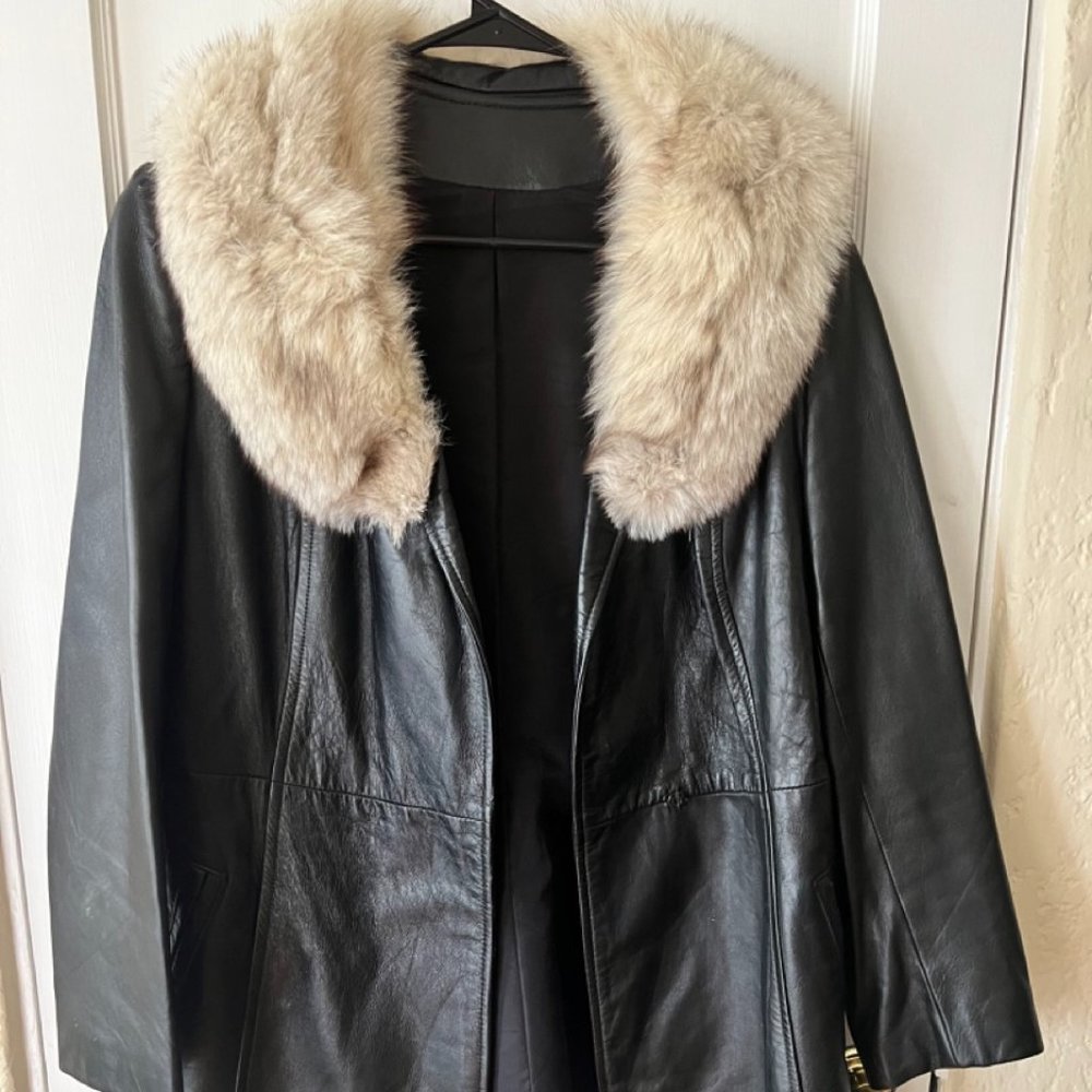 Faux Black Leather with Faux Fur Trim Coat